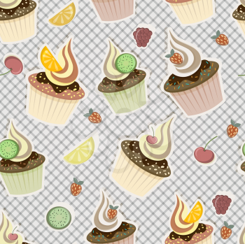 Royalty Free Clipart Image of a Background of Cupcakes and Fruit