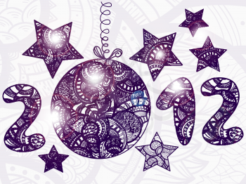 Royalty Free Clipart Image of the Year 2012 with a Christmas Ball and Stars