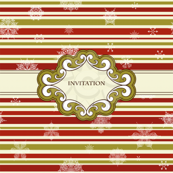 Royalty Free Clipart Image of an Invitation with Snowflakes and a Striped Background
