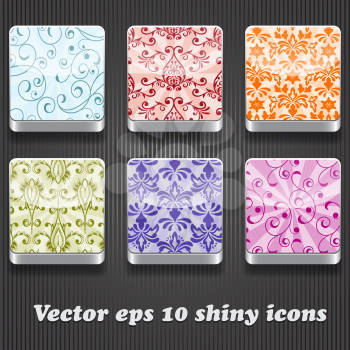 6 vector shiny icons with floral pattern,  transparency effects, fully editable eps 10 file
