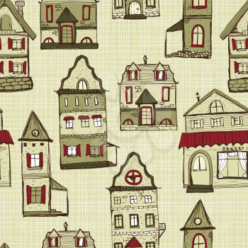 vector seamless pattern with old styled medieval retro houses, pattern in swatch menu