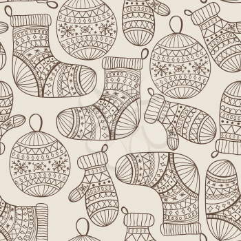Royalty Free Clipart Image of Stockings, Mittens and Ornaments