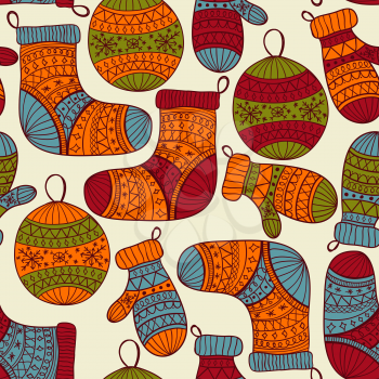 Royalty Free Clipart Image of Stockings, Mittens and Ornaments