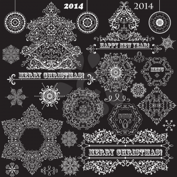 vector vintage Christmas highly detailed design elements: fir tree, balls, snowflakes, and frames, fully editable eps 8 file, standart AI fonts rosewood std, eccentric std