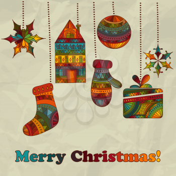 Vector Christmas Greeting Card wit socks,mitten, house, ball and snowflakes