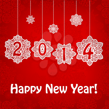 Vector 2014 New Year Greeting Card with hanging snowflakes and greetings on red seamless pattern, transparency effects