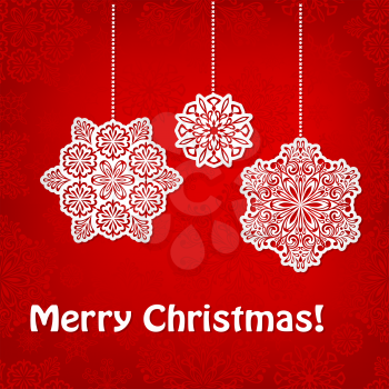 Vector Christmas Greeting Card with hanging snowflakes and greetings on red seamless pattern 
