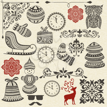 vector vintage holiday  design elements  and snowflakes, fully editable eps 10 file, 