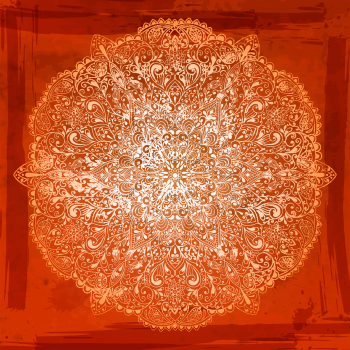 Vector rounded floral pattern on orange  grungy background with blots and splashes, transparency effects