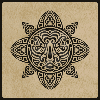 vector sun with tiger face in the centre on rough paper texture,  tattoo sketch, Polynesian tattoo style