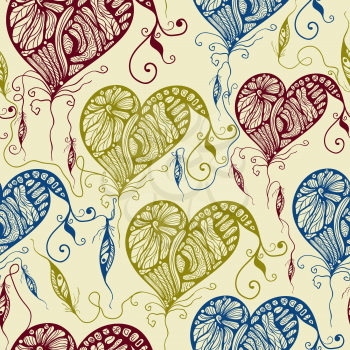 Vector Seamless Pattern with Funky Bright Hearts and Feathers, Seamless pattern in swatch menu