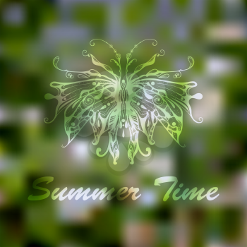 Vector Hand Drawn Butterfly on abstract Summer Green Background, gradient mesh and transparency effects, fully editable eps 10 file