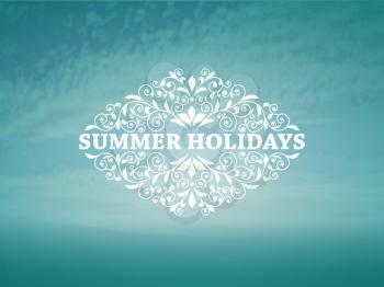 Vector Summer Background with blue sky and sea, Vintage frame for your text, example with Chaparral Pro Bold font