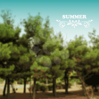 Vector Summer Background with green forest and blue sky, place for your text, Cooper Black Std font used in example