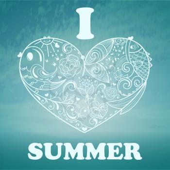 Vector Summer Background with blue sky and sea, eps 10 transparency effects, example with Cooper STD font