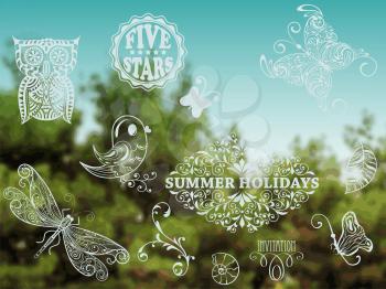 Vector Summer Design Elements on Background with green forest and blue sky, place for your text, Cooper Black Std and Eccentric Std  fonts used in example