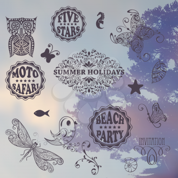 Vector Summer Design Elements on Background with tree and sky, place for your text, eps 10 transparency effects, Cooper Black Std and Eccentric Std  fonts used in example