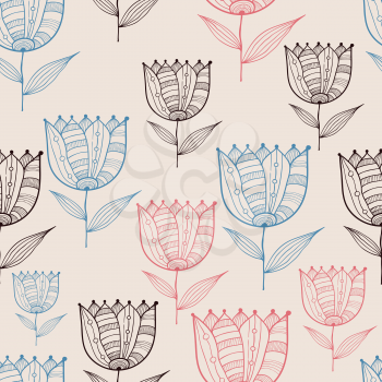 Vector Seamless Doodle Floral Pattern with Tulips, fully editable eps 10 file with clipping mask and seamless pattern in swatch menu