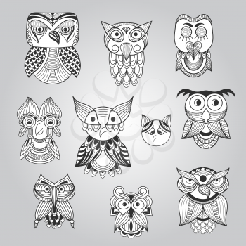 Vector Set of 10 Doodle Owls, fully editable eps 10 file