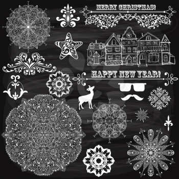 vector vintage holiday  design elements  and snowflakes, fully editable eps 10 file, standard AI fonts, chalk background with transparency effects