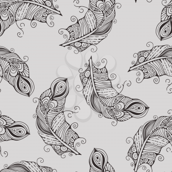 Vector seamless pattern with hand-drawn feathers, fully editable eps 10 file with clipping mask and seamless pattern in swatch menu