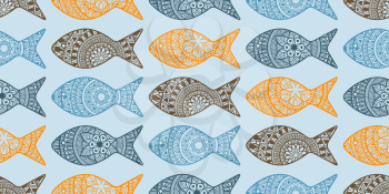 Vector Seamless Pattern with Doodle Fishes,  fully editable  eps 10 file with clipping masks and seamless pattern in swatch menu, fishes can be used separatele