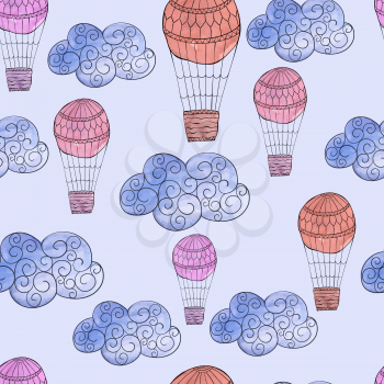 Vector Seamless Pattern with Watercolor Clouds and Air Balloons, fully editable eps 10 file with clipping mask and seamless pattern in swatch menu