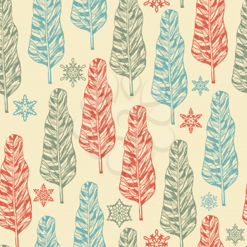Vector Seamless Pattern with doodle hand drawn trees and snowflakes, seamless pattern in swatch menu