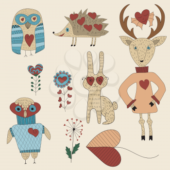 Vector Valentine's Day Set with animals and plants
