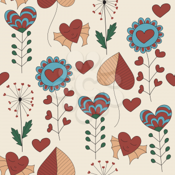 Vector Childish Seamless Pattern with  plants and hearts, seamless pattern in swatch menu