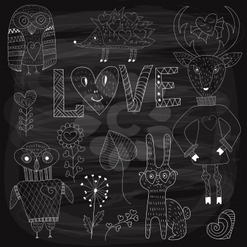 Vector Valentine's Day Set with animals and plants,white  chalk on blackboard