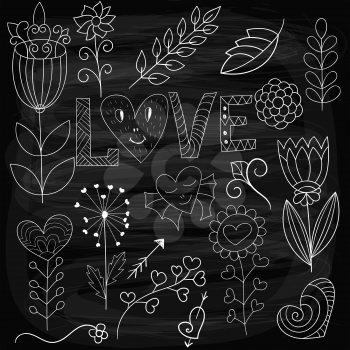Vector Valentine's Day Floral Set,  chalk on blackboard