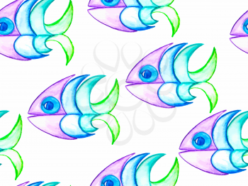 Vector Seamless Pattern Watercolor Hand Drawn Funky Fishes