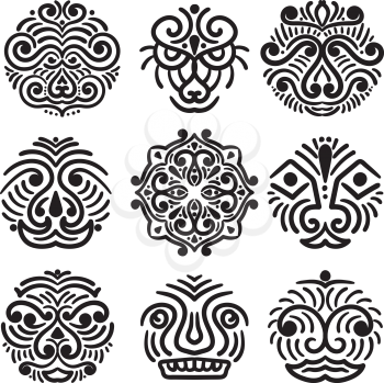 Vector Ethnic Design Elements: tribal sketch drawings of human faces, animals and sun