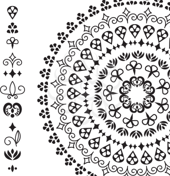 Vector ethnic design elements and rounded pattern from these elements, you can combine them to create your own brushes or patterns, black and white version