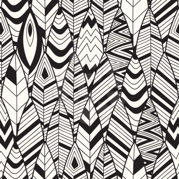 Vector Seamless Pattern with Doodle Feathers, black and white