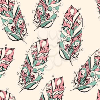 Vector Tribal Seamless Pattern with Doodle Feathers