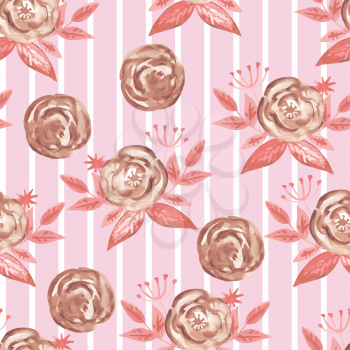 Vector Seamless Watercolor Pattern with  Roses and Stripes