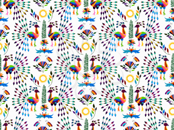 Vector Seamless Mexican Otomi Style Bright  Pattern with Peacocks