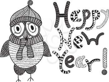 Vector Happy New Year Card with Doodle Owl