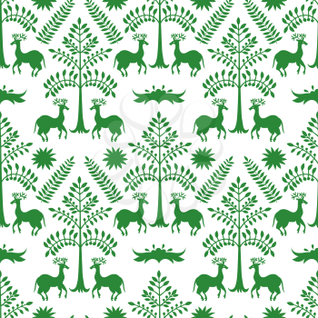 Vector Seamless Mexican Otomi Style Green Forest Pattern