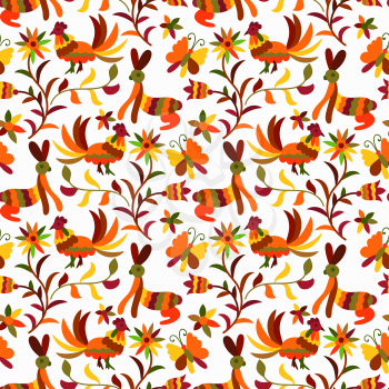 Vector Autumn  Seamless Mexican Otomi Style Bright Pattern