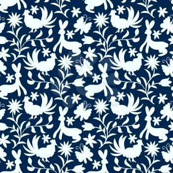 Vector Seamless Mexican Otomi Style Blue Pattern