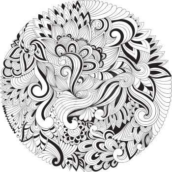 Vector Circle Doodle Floral Pattern. Hand drawn design. Black and White