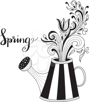 Vector Spring Greeting Card with watering can and fantasy floral pattern