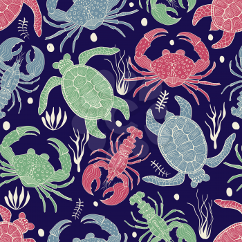 Vector Seamless Colourful Pattern with Turtles, Crabs and Lobsters . Retro vintage style.
