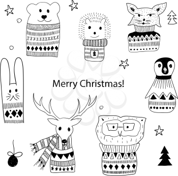 Vector Christmas Design Elements with  Doodle Animals