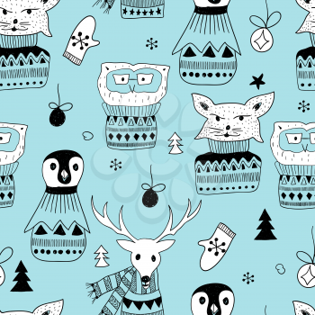 Vector Seamless Pattern with  Doodle Animals: fox, owl, deer, and pinguin