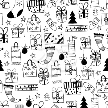 Vector Seamless Pattern with Hand Drawn Christmas Gifts, Socks, and Boxes