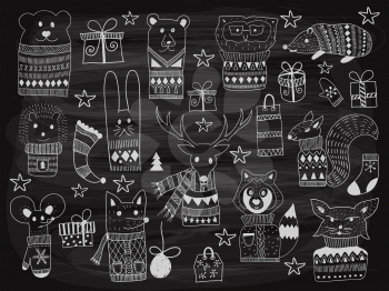 Vector Christmas  Doodle Animals drawn on the chalkboard